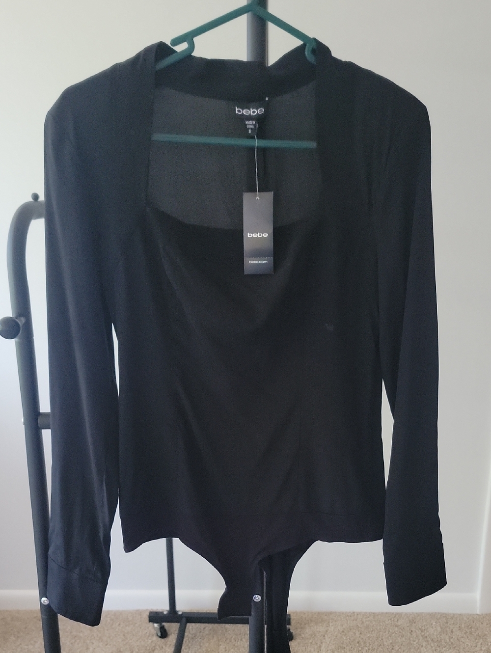 bebe Black Long-Sleeve Drape Neck Bodysuit